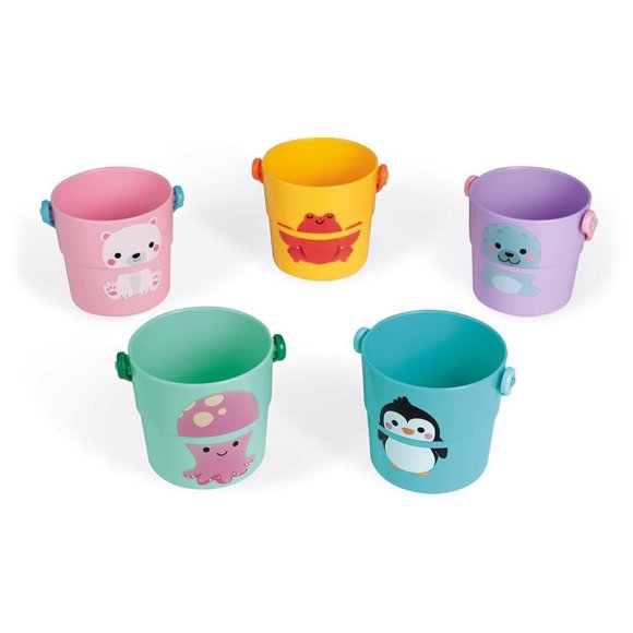 Janod - 5 Seaux d'Activités - Jouets de Bain - Éveil Précoce - Pour Garçons et Filles - Dès 10 Mois + - Multilingue