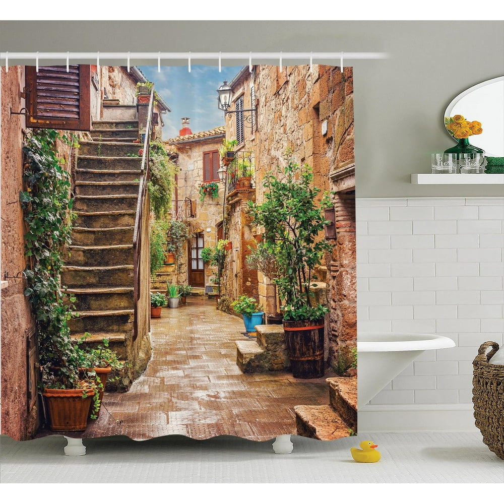 Tuscan Decor Shower Curtain Set, View Of An Old Mediterranean Street