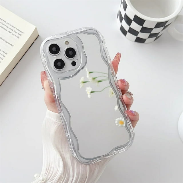 Luxury Curly Wave Makeup Mirror Case For iphone 14 Plus 11 12 13 Pro Max Mini X XR XS Max 7 8 Plus Clear Mirror Shockproof Cover