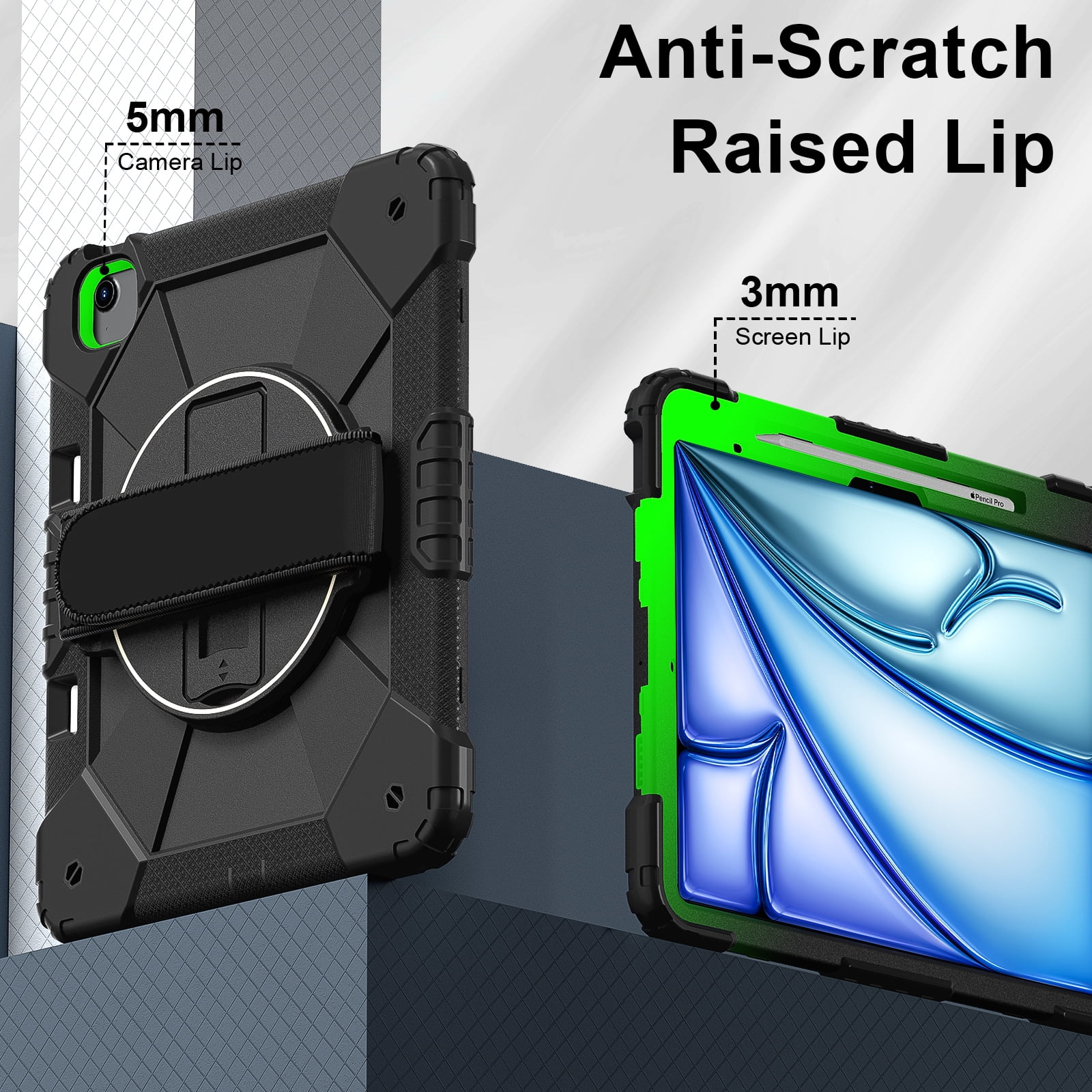 Allytechgroup iPad Air 13 Inch 2024 Case Cover with Pencil Holder, Rugged Protection with Kickstand & Hand Strap Heavy Duty Shockproof Kids Friendly Case for Apple iPad Air 13 M2 2024, Black
