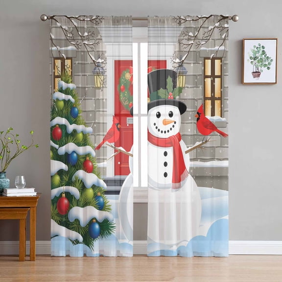 Christmas Snowman Sheer Curtains 72 Inches Long, Winter Cardinal Xmas Trees Snowflakes Light Filtering Window Curtains for Living Room, Rod Pocket Voile Sheer Curtain Drapes, 52"Wx72"L, 2 Panels