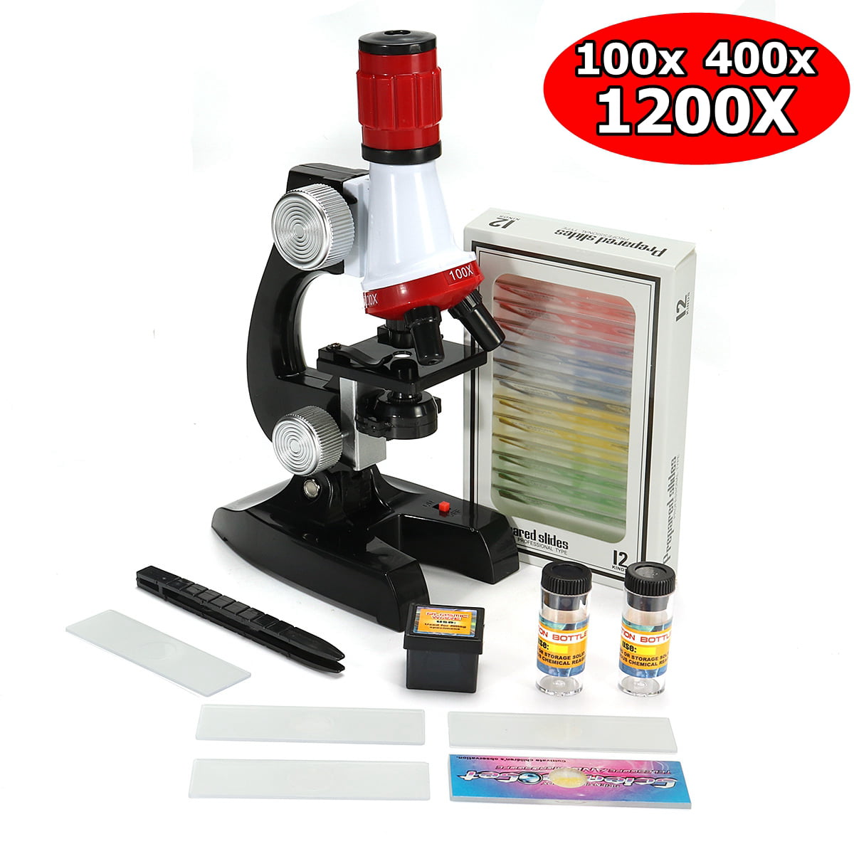 SUZYN Microscope 100X-1200X-1200X Gifts for Kids Beginner Biological Microscope Metal Body with Phone Holder Adapter Plastic Slides Magnification : 100X 600X 1200X
