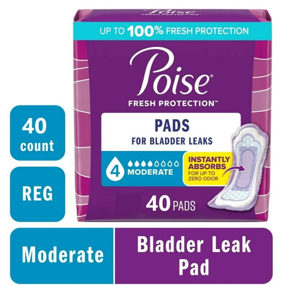 Poise Incontinence Pads for Women, 4 Drop Moderate Absorbency, Regular Length, 40 Count