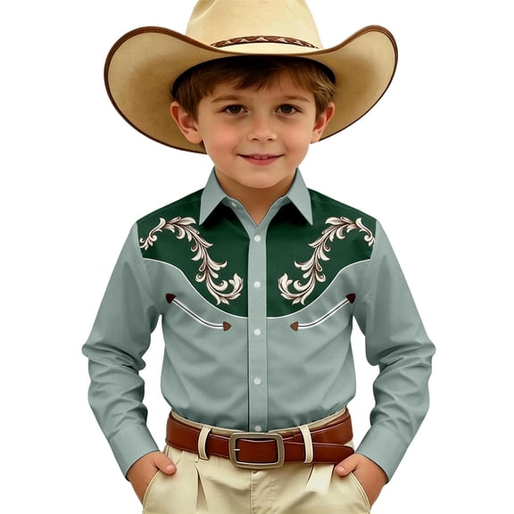 Hiijoy Boys Long Sleeve Western Shirt Cowboy Style Top Casual Button Up Shirt, Sizes 4-5