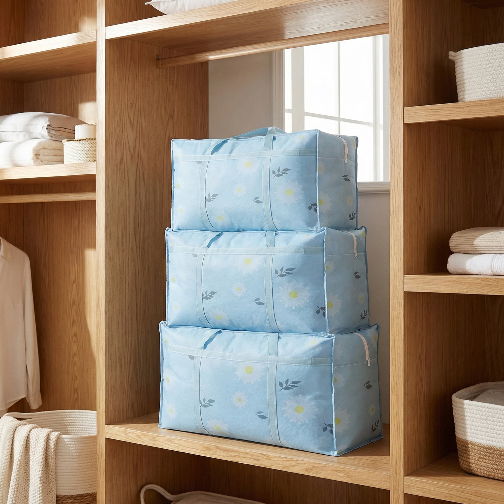 Unique Bargains Foldable Storage Bags for Organizing Livingroom Blue 18.5"x9.8"x11.8"