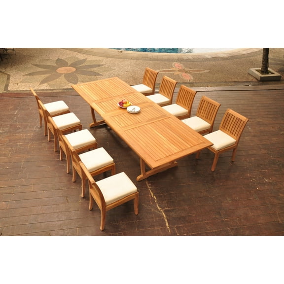 Grade-A Teak Dining Set: 10 Seater 11 Pc: 118" Double Extension Mas Rectangle Trestle Leg Table And 10 Lagos Armless Chairs WholesaleTeak #WMLG21