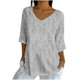 thumbnail image 2 of Womens Plus Size Tops 3/4 Length Sleeve Fall Fashion Trendy Casual Peplum Going Out Tops Comfy Soft Dressy Notch V Neck T Shirts Basic Solid Color Summer Tunic Blouse, 2 of 5