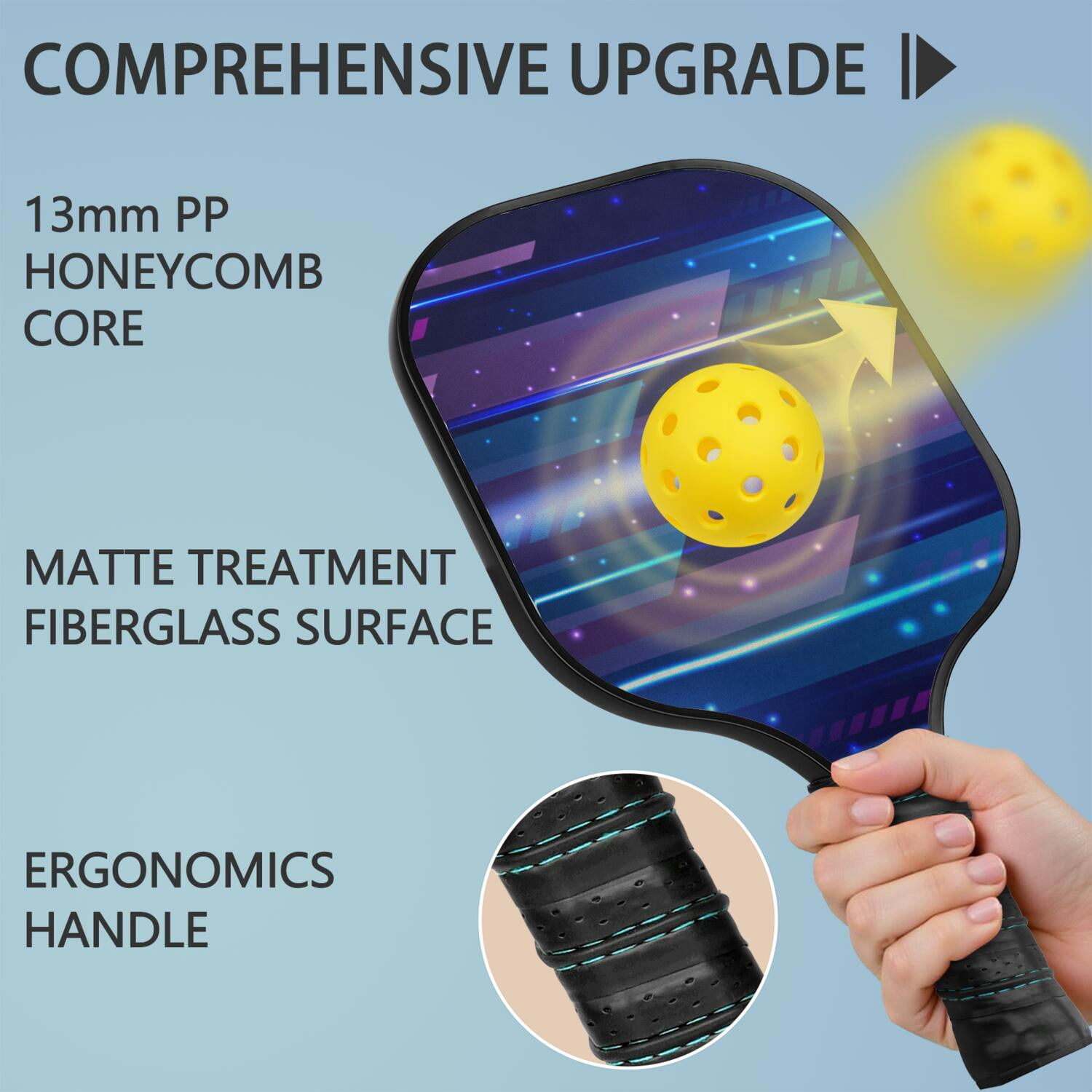 Pickleball Paddles Set Of 1, Fiberglass Surface, Speed, Lightning, Thunder Print, 1 Paddle, 2 Balls & Bag