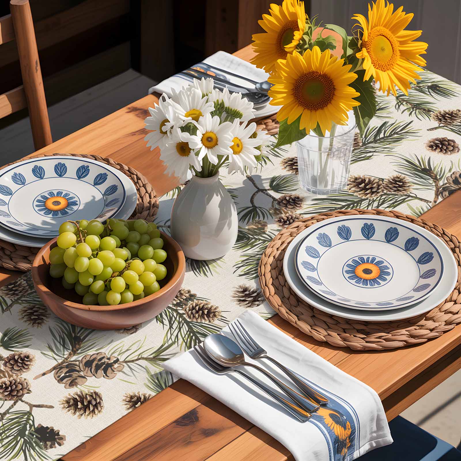 Brown Pine Cones Table Runner, Green Leaves Branch Vintage Linen Kitchen Table Runners Dress Scarves for Table Decorations Party/Restaurant/Indoor Outdoor Use, 13x90in
