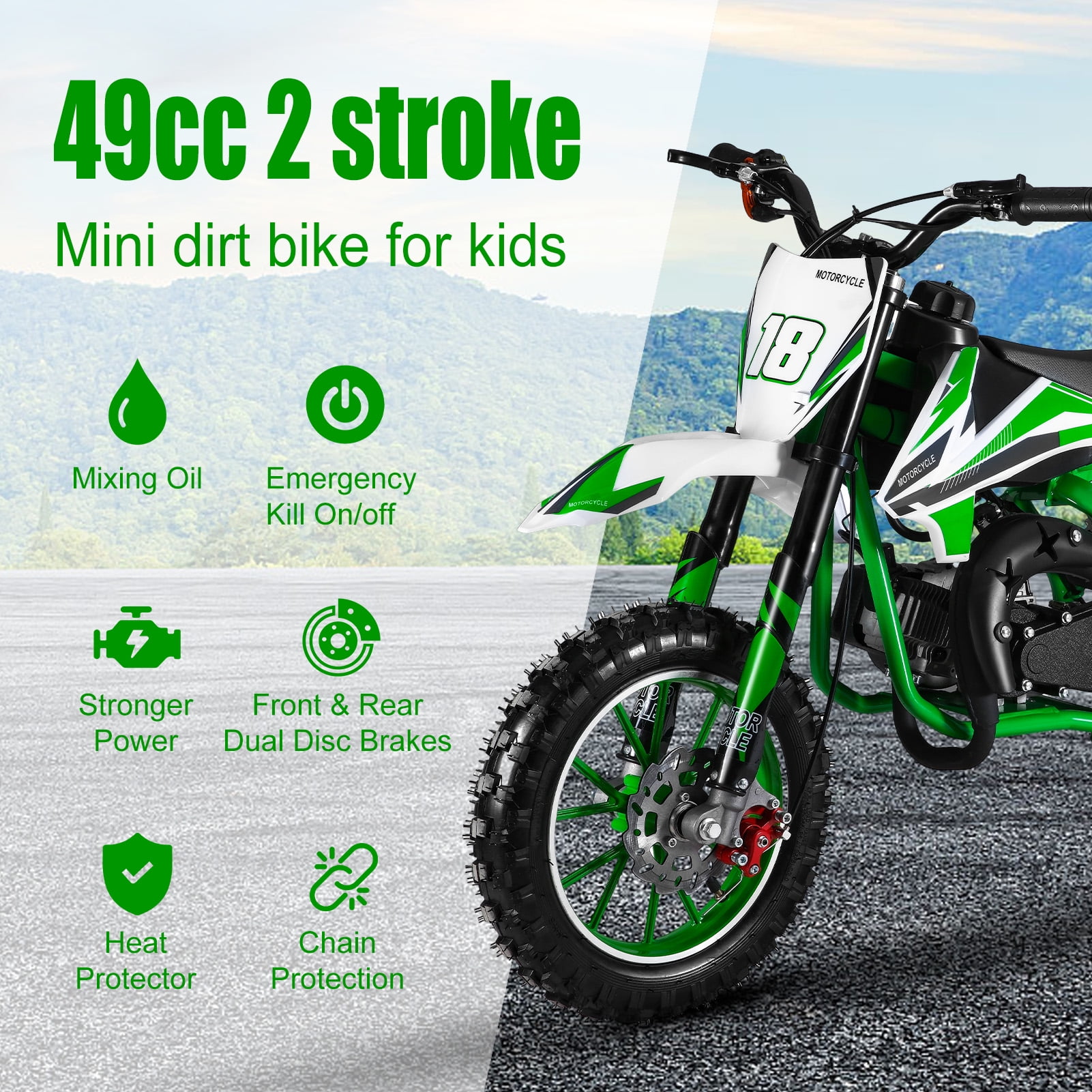 Kids Dirt Bike - 49cc 2-Stroke Gas Power with Front & Rear Disc Brakes, Off-Road Mini Motorcycle & Pocket Motorbike (Green)