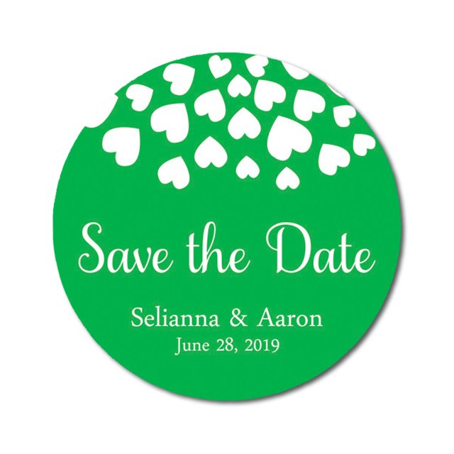 Darling Souvenir Round 45 Pieces Hearts Save The Date Stickers Wedding Personalized Bride Groom Names And Date Envelope Seals - Green