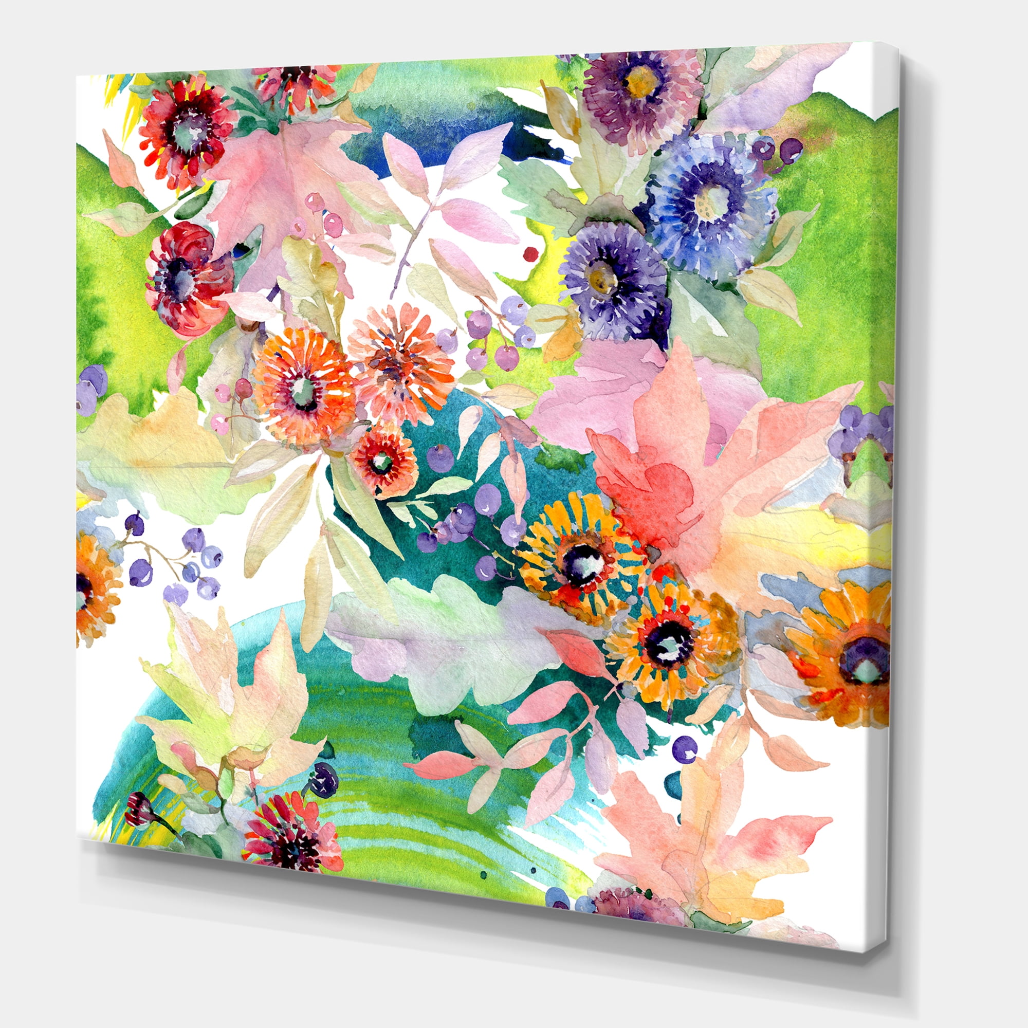 Wildflowers and Vibrant Wild Spring Leaves II 30 in x 30 in Painting Canvas Art Print, by Designart
