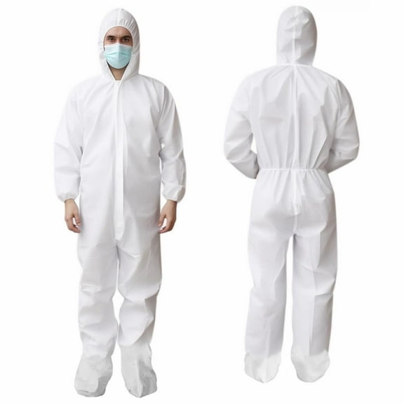 White Disposable Coveralls for Men & Women, X-large. Pack of 5 Waterproof SMS Lab Coveralls 60 GSM with Hood, Boots, Elastic Wrists. Unisex Tear Resistant Painters Suit Disposable