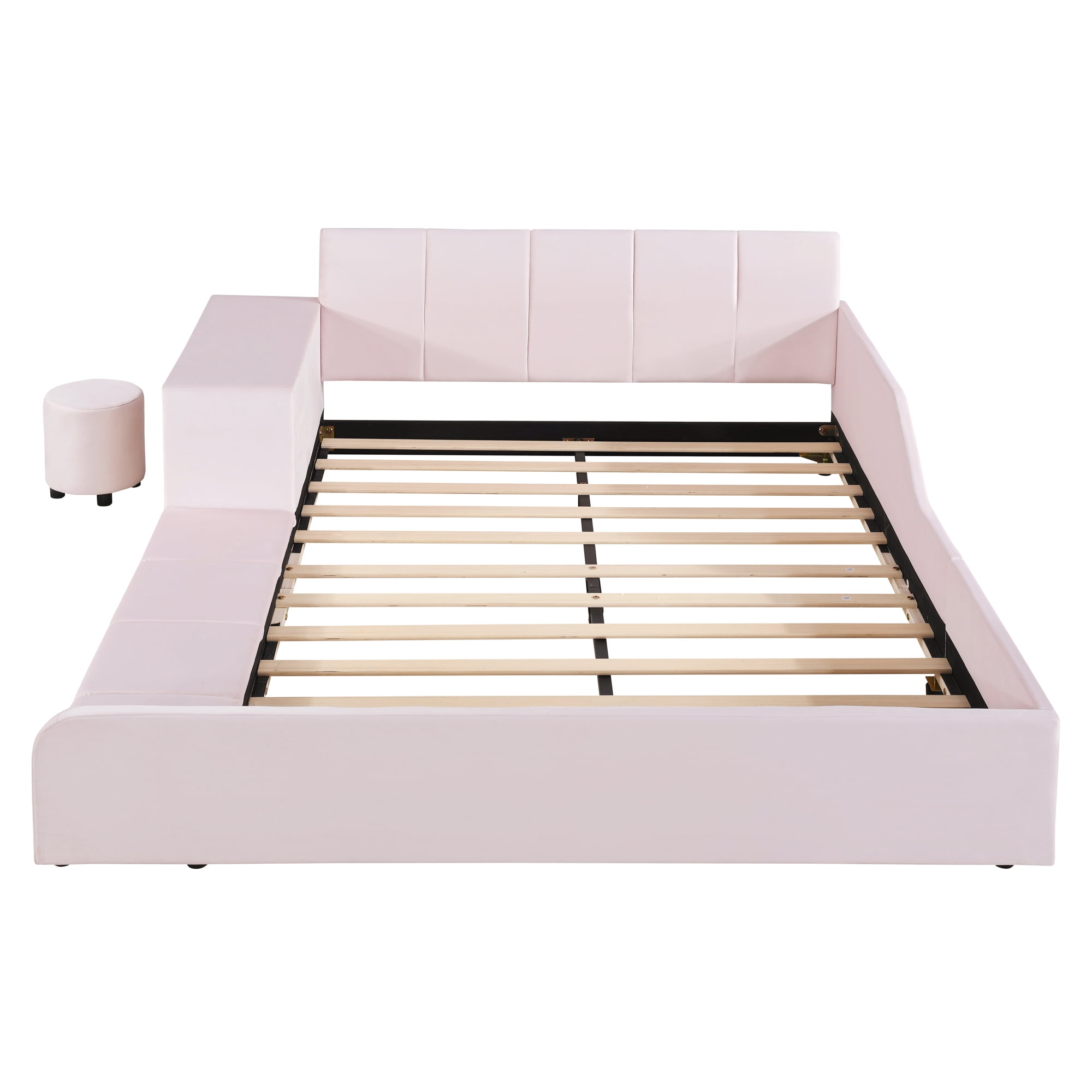 Aukfa Full Size Mother & Child Bed Frame, Velvet Upholstered Platform Bed with Bedside Desk & Stool, Grounded Design, Pink