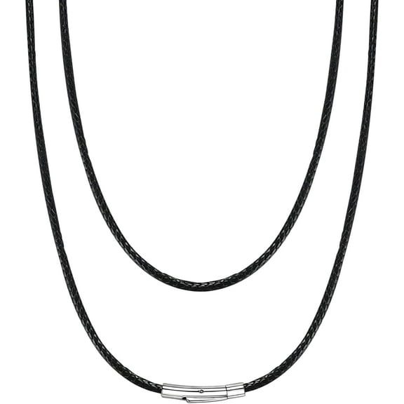 Waterproof Braided Leather Necklace Cord for Men Women with Stainless Steel/Black Clasp, 2/3MM Width, 16"-30" Length, Black/Brown Flexible Woven Wax Rope Chain Necklaces, with Gift Box