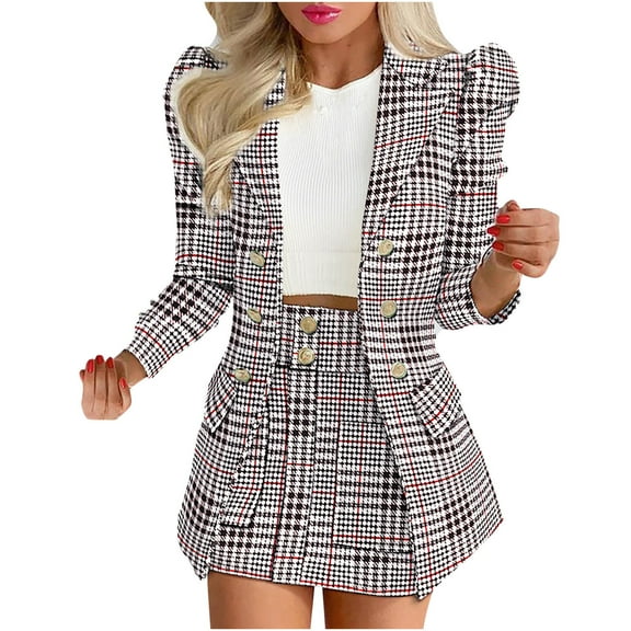 JINMGG Two Piece Outfits Women, 2024 Fashion Fall Clearance Women's Fashion Print Long Sleeve Turndown Collar Casual Short Skirt Suits Black L