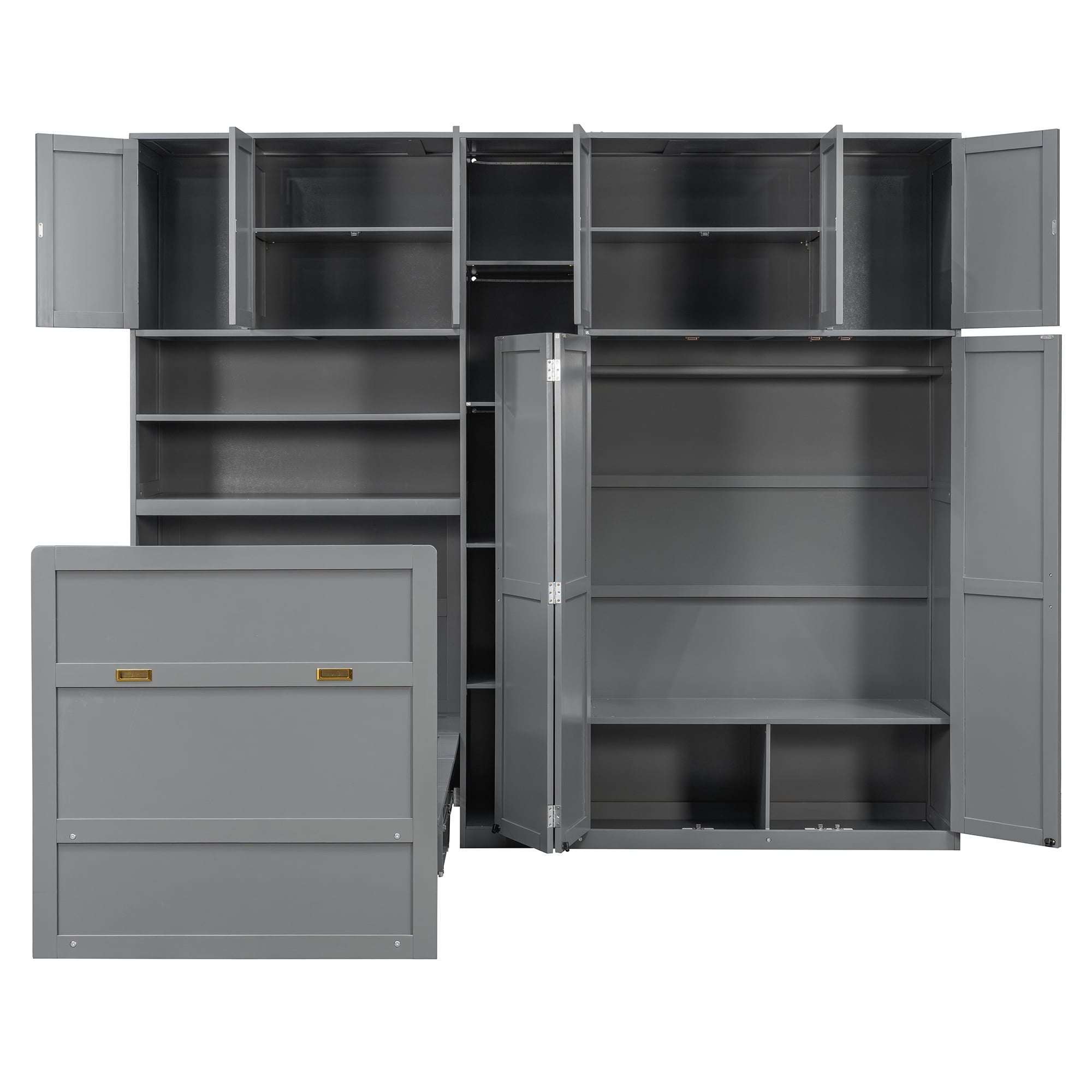 Mintazer Twin Murphy Bed with Wardrobe & LED Shelves, Modern Folding Cabinet Bed with Storage for Bedroom Apartment Guest Room, Gray