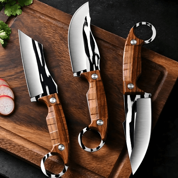 Plys 4 inch Fixed Blade Hunting Knife 3PC Set , Carbon Steel Boning Camping Knives