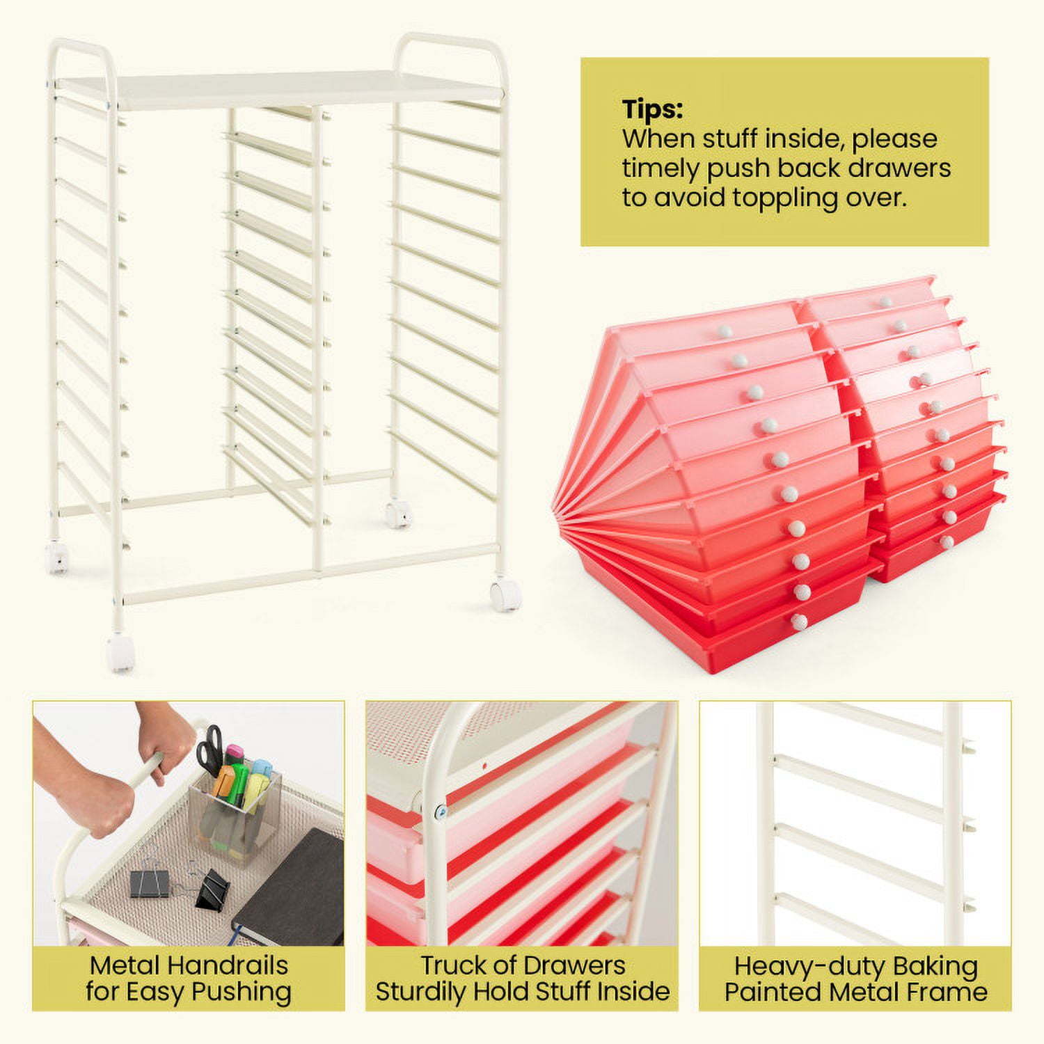 Demi Bonn 20 Drawers Storage Rolling Cart Studio Organizer with 4 Universal Casters, Gradient Pink