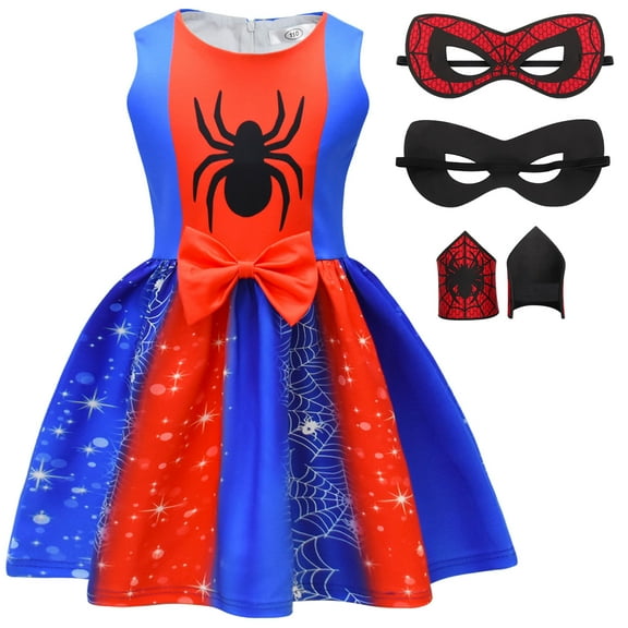 Girls Spider Cartoon Dress Halloween Party Costume with Eyemask&Bracers for 5-6Y