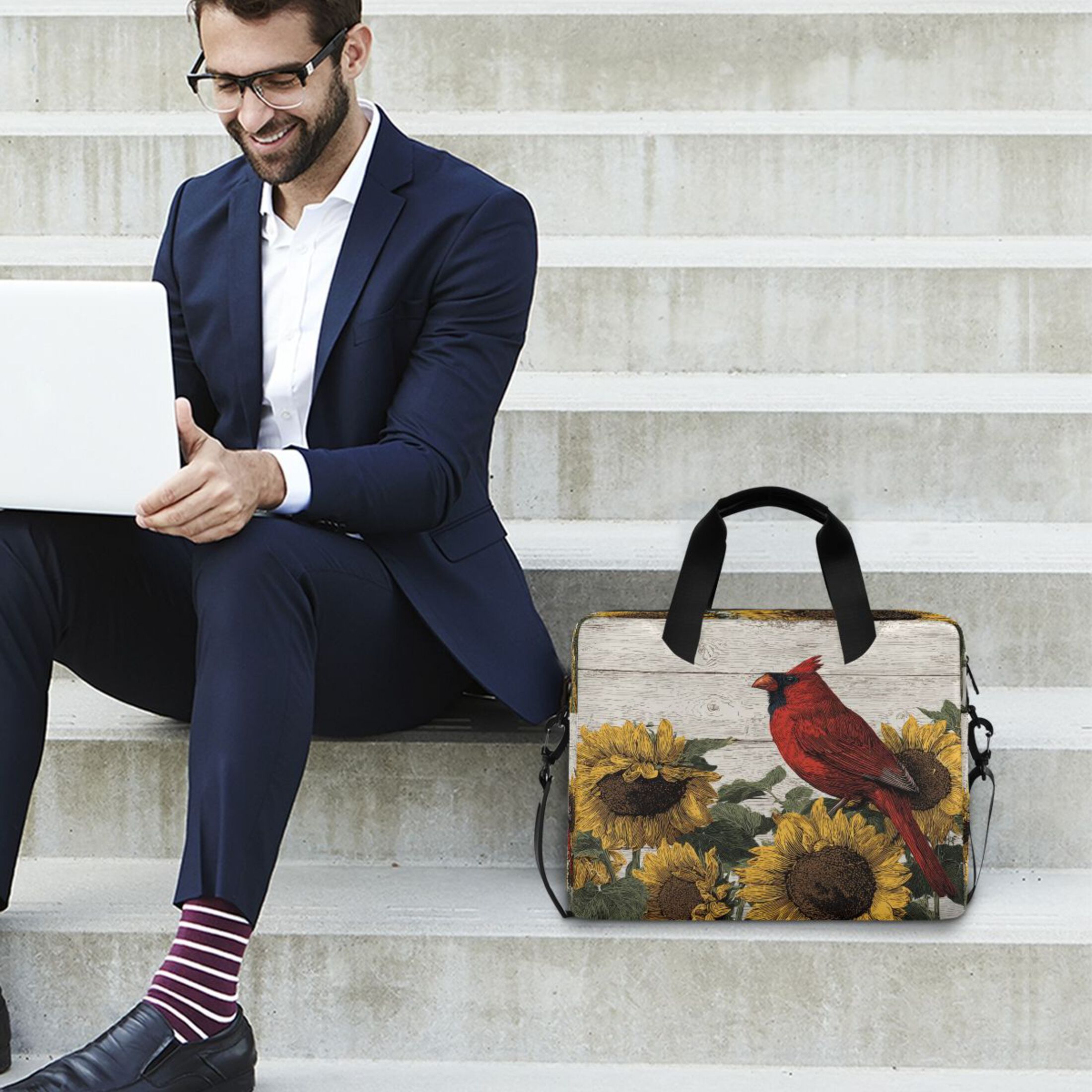 16" Laptop Tote Bag Laptop Sleeve Case Computer Briefcase for Work & Travel Red Bird Sitting on Sunflower
