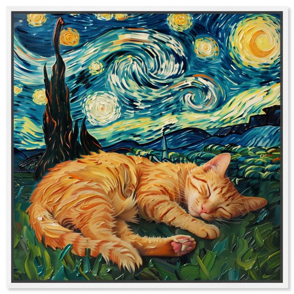 Starry Night Cat Canvas Trendy Animal Art by Art Remedy, White Frame, 20" x 20"