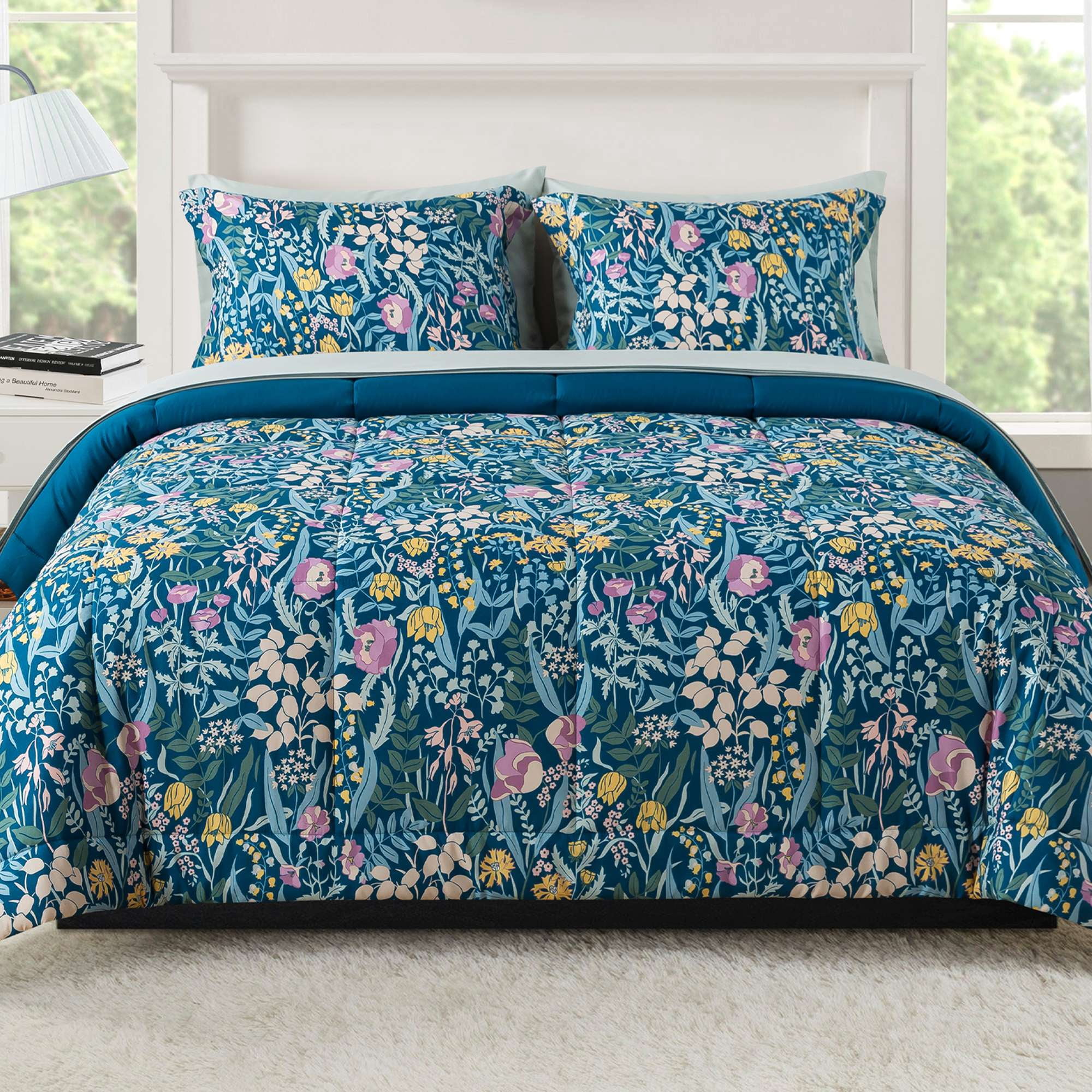 Mainstays All in One Reversible Comforter and Sheet Set, 7-Piece, Queen, Blue Floral