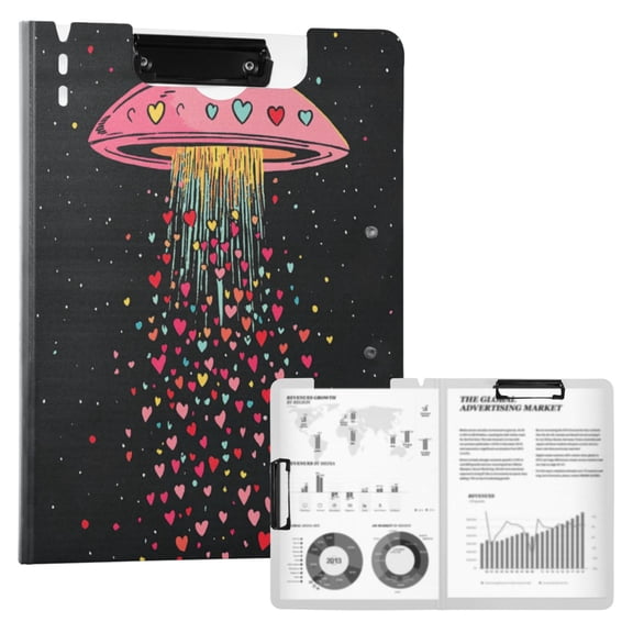 FORMRS A4 Clipboard Folder with Pen Holder Horizontal Foldable School Office Binder, UFO with Hearts Pattern