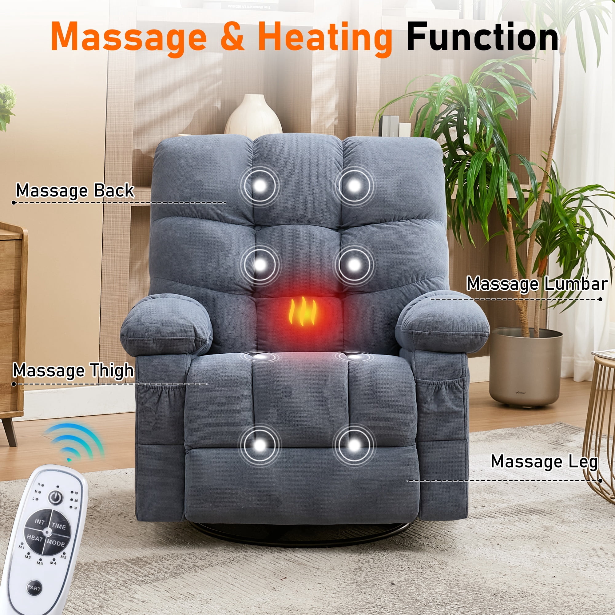 Alvantor Oversized Swivel Rocker Recliner Chair with Massage & Heat Function for Adults, Elderly Single Rocker Sofa with Cup Holders for Bedroom Home Theater Blue