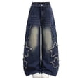 thumbnail image 2 of GiLiling Girls Baggy Vintage Cargo Jeans High Waist Wide Leg Elastic Waist Y2k Aesthetic Denim Pants Casual Wear Star Embroidery (Blue, 7-8 Years), 2 of 8