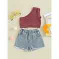 thumbnail image 2 of CIYCuIT Toddler Little Girls Summer Outfits Solid Color  Sleeveless One Shoulder Ribbed Tank Tops with Denim Shorts 2Pcs Kids Casual Fashion Shorts Sets, 2 of 8