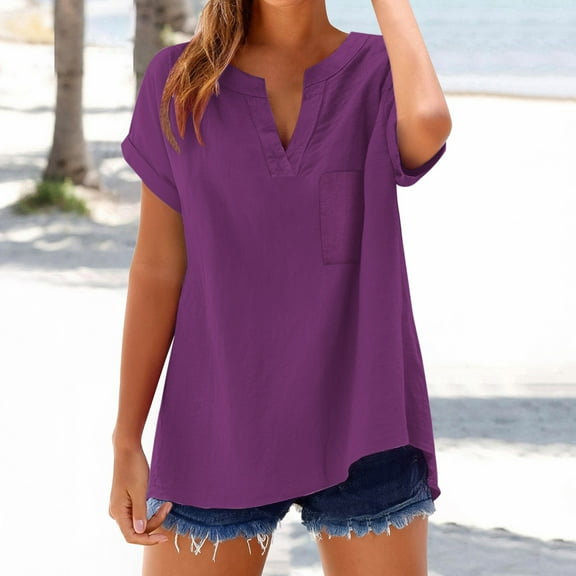 Oversized Tshirts for Women, Fashion Casual V Neck Short Sleeve Cotton Linen T Shirt, Purple L