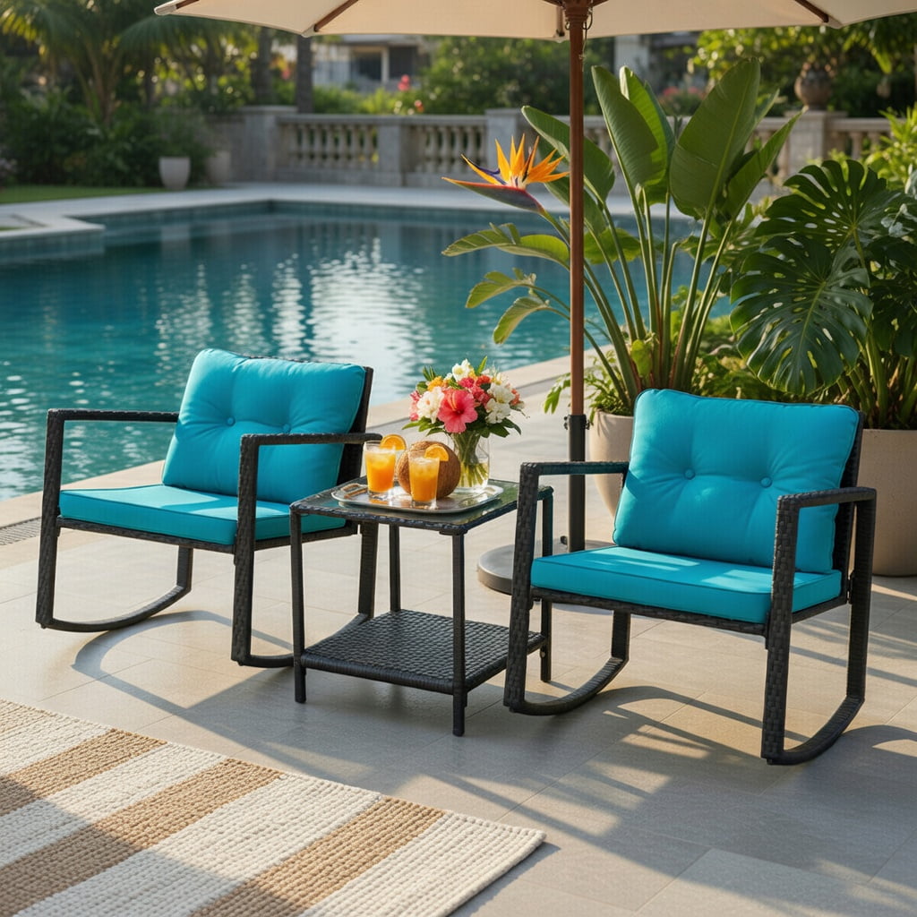 Hommoo 3-Piece Outdoor Wicker Rocking Bistro Set with Tempered Glass Coffee Table & Storage Shelf, Turquoise