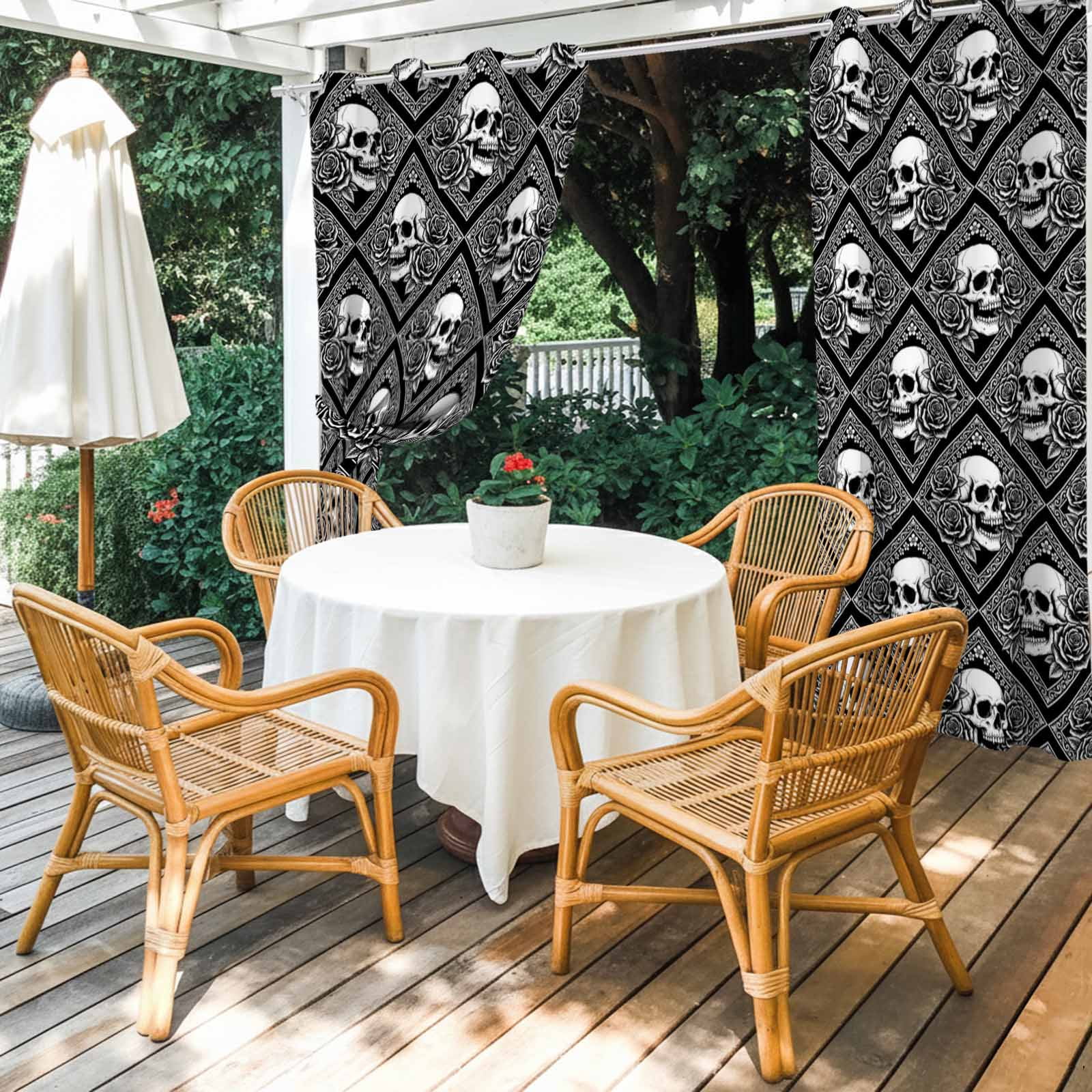 Gray Skulls Outdoor Curtains for Patio, Abstract Baroque Dark Rose Rustic Plants Farmhouse Sunshade Privacy Drapes Grommet Waterproof Outside Curtains for Porch/Cabana/Balcony 54"x 108", 1 Panel
