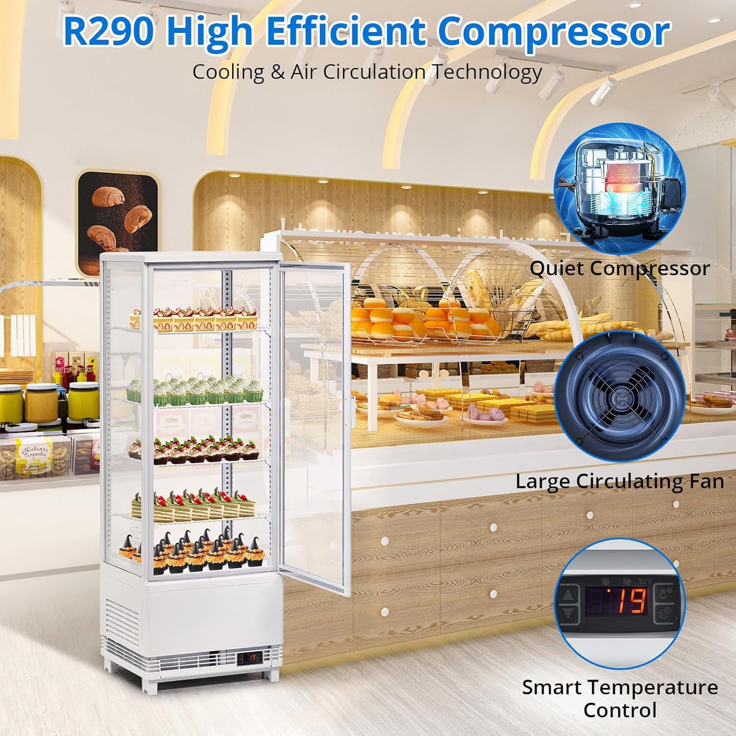 IdealHouse Commercial Display Refrigerator, 4.2 Cu.Ft Display Refrigerator Cooler with LED Lighting, Adjustable Shelves Glass Door Merchandiser Cooler, Automatic Defrost Freestanding Upright