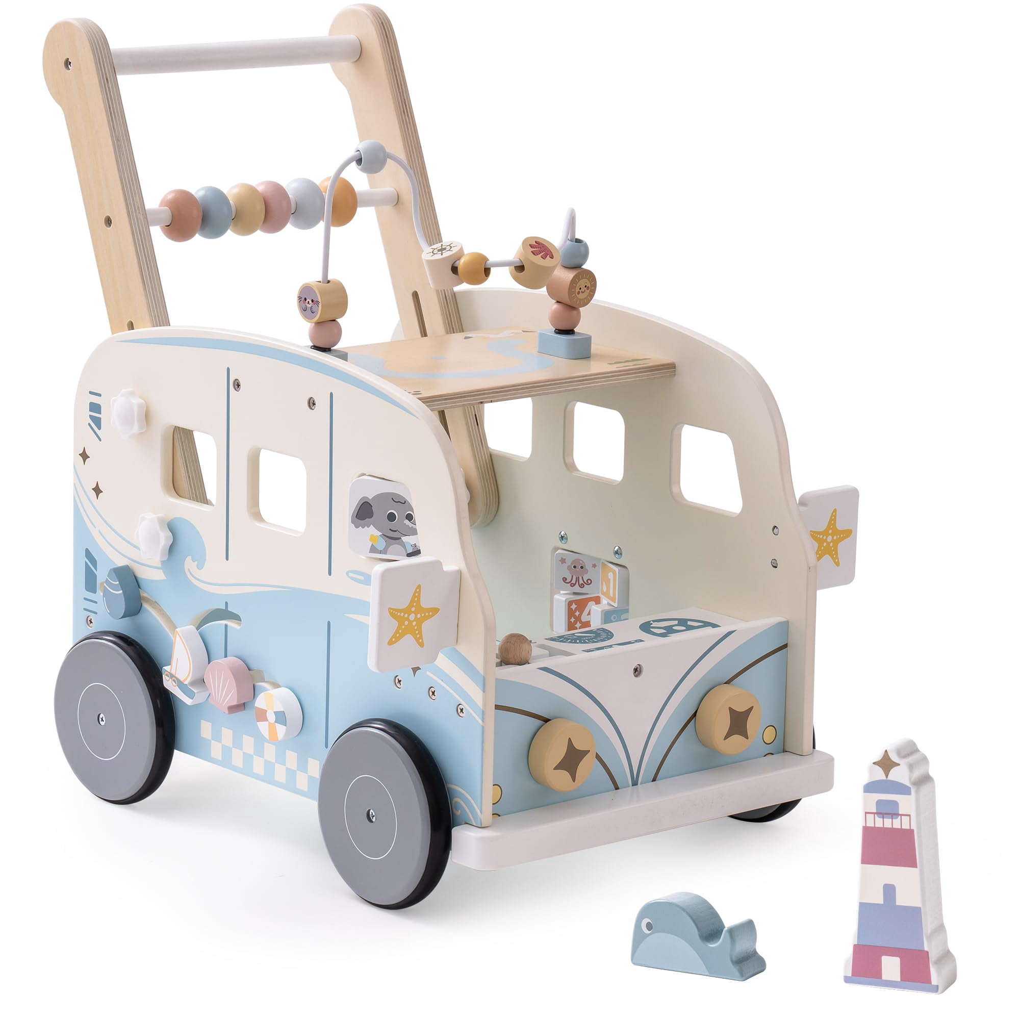 Robud Baby Push Walker Wooden Furniture Multi-Functional Toy Vacaction Bus for Boys Girls Kids Gift,Blue