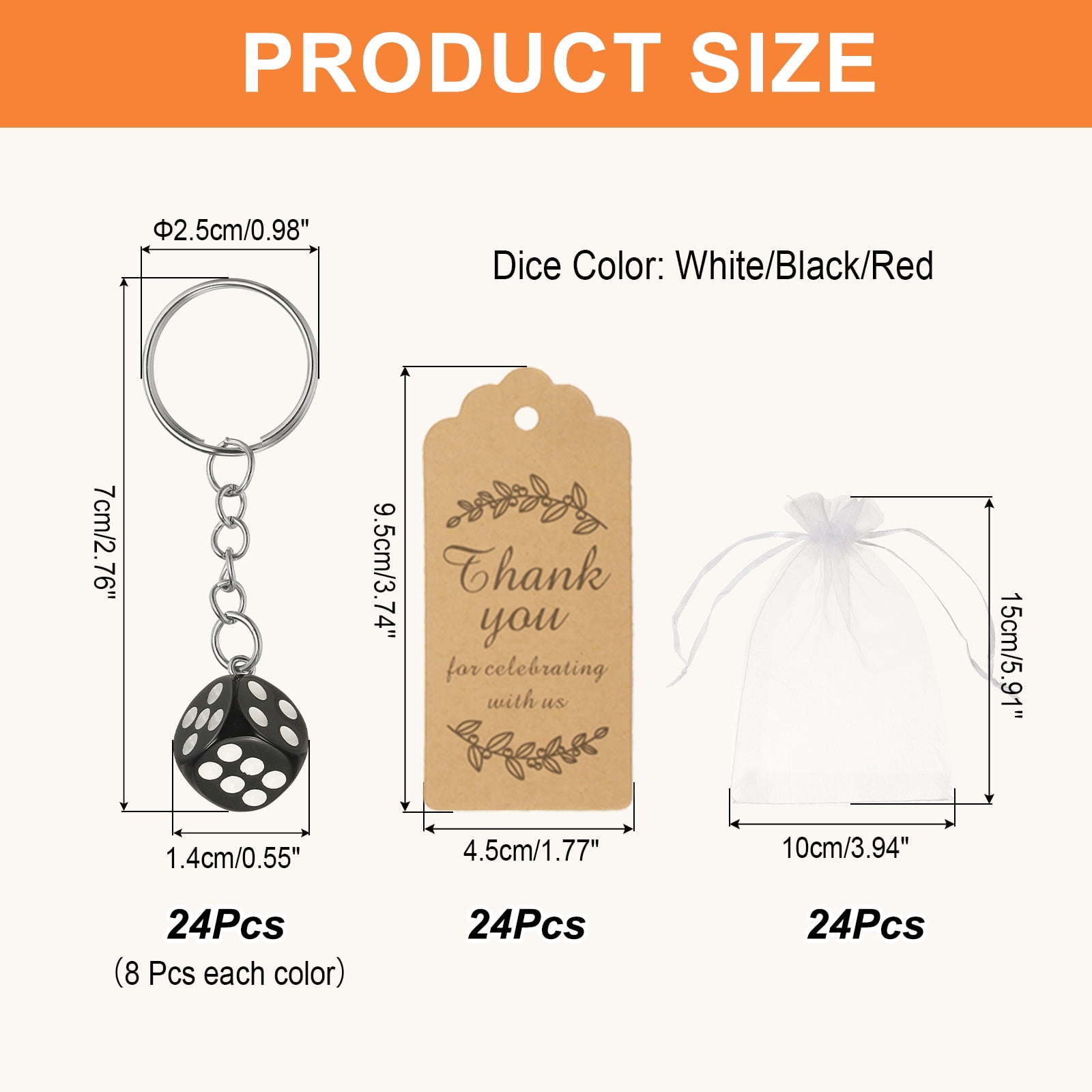 Uxcell Dice Key Chains Bulk with Jute Twine Gift Tag/Mesh Bag, Creative Keyring Charm Pendant for Bag Wallet Purse Car Cellphone Accessories, White/Black/Red