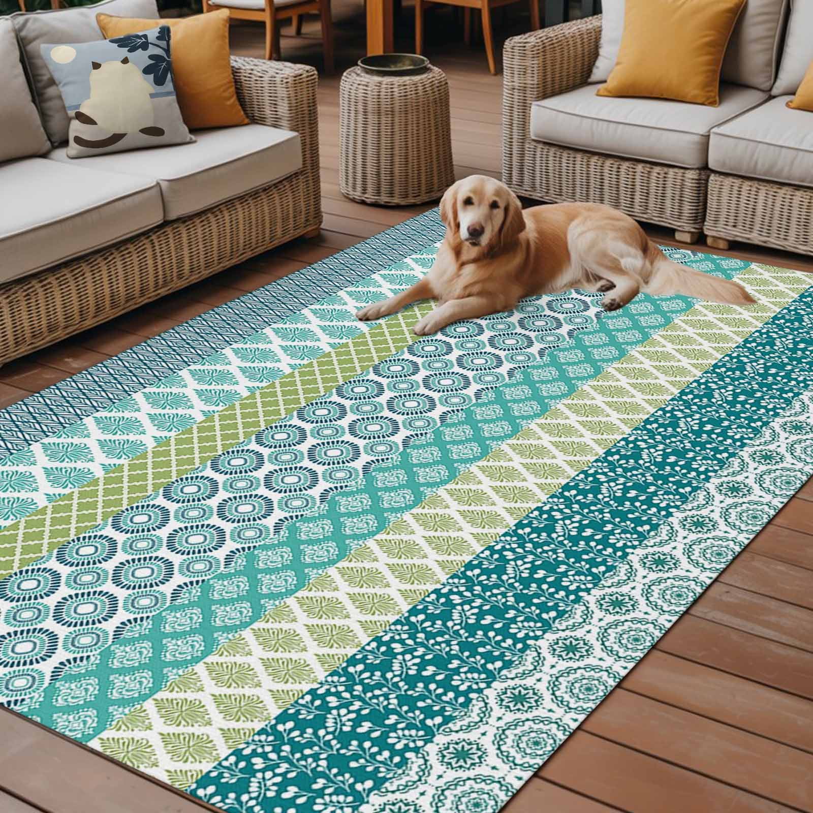 Outdoor Rug 5x8 ft Teal Blue Boho Waterproof Outdoor Patio Rug Mat Non Slip Outside Area Rugs Carpet for RV,Camping,Porch,Deck,Pool,Balconybackyard,Bohemian Geometric Pattern