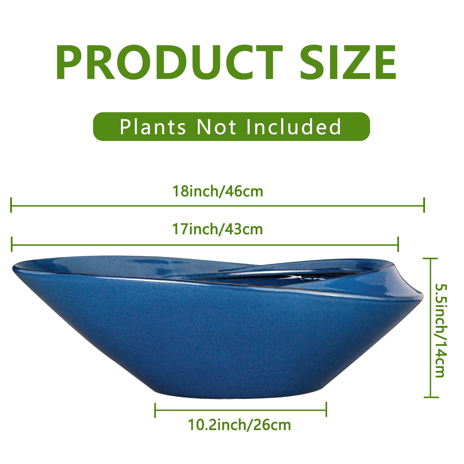 EPFamily 18 Inch Shallow Blue Ceramic Bonsai Planter with Drainage Hole – Extra Large Succulent Bowl Pot for Outdoor Plants, Patio, Garden