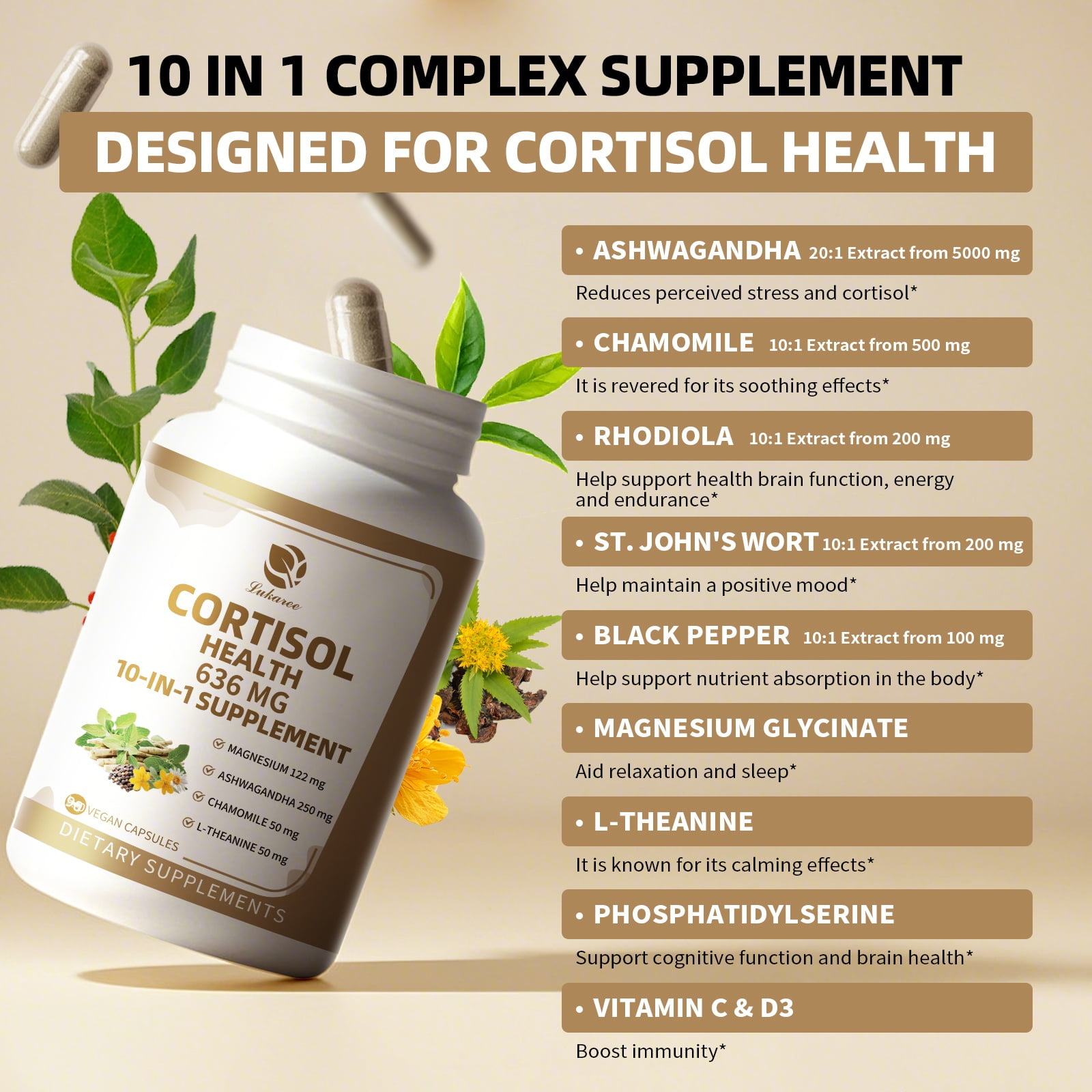 Cortisol Supplements with Magnesium, Ashwagandha, Chamomile, L-Theanine, Phosphatidylserine, Rhodiola, Vitamin C & D3, for Women Men, 90 Vegan Capsules