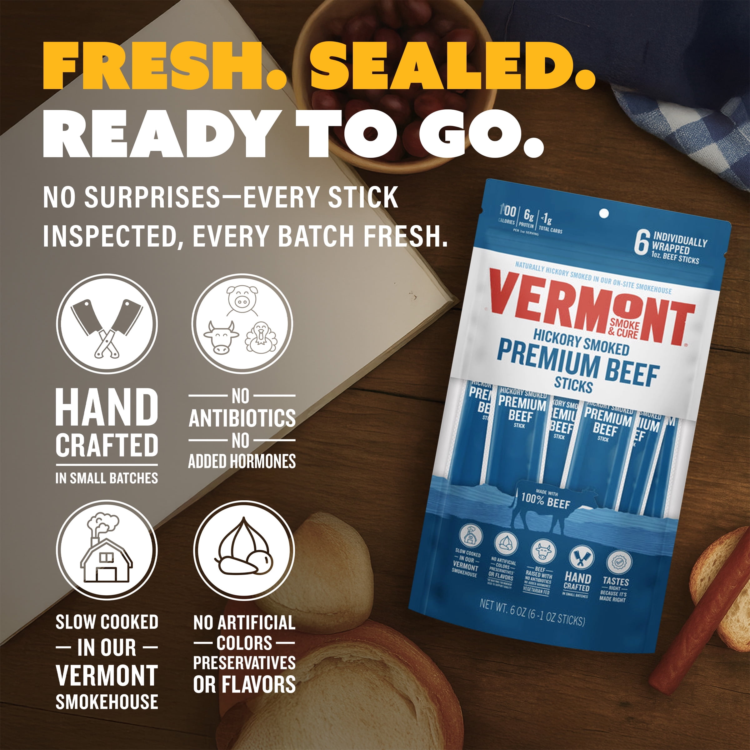 Vermont Smoke & Cure  Smoked Premium Beef Sticks 1oz Individually Wrapped Premium Protein Snacks 24Ct