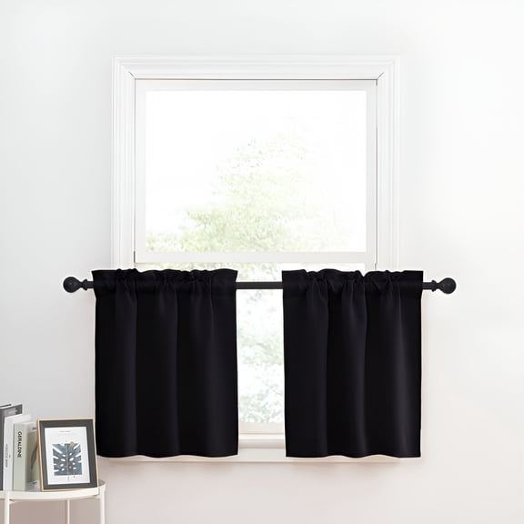 AUQ Short Curtains Blackout Small Curtain Tiers for Kitchen,Rod Pocket Thermal Insulated Window Drapes for Cafe,Black,29"X24",2 Panels