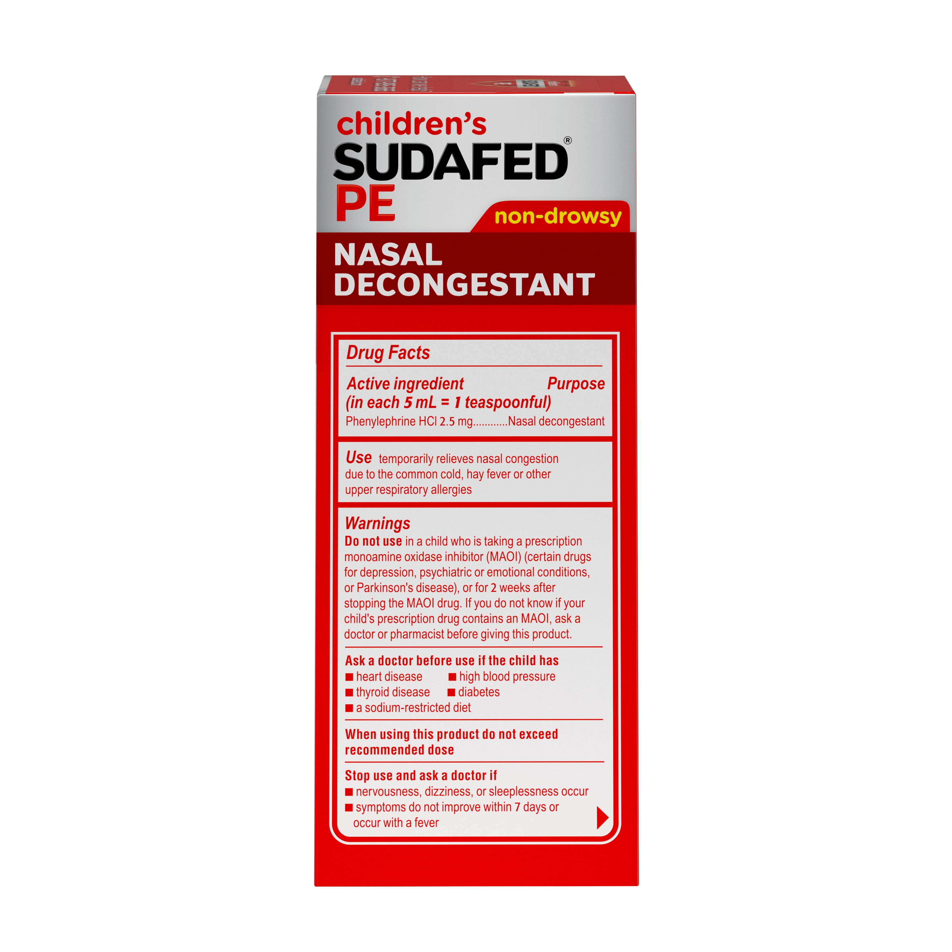 Children's Sudafed PE Nasal Decongestant, Liquid Cold Relief Medicine with Phenylephrine HCl, Alcohol Free and Sugar-Free, Berry-Flavored, 4 fl. oz - Walmart.com - Walmart.com Children's Sudafed PE Nasal Decongestant, Liquid Cold Relief Medicine with Phenylephrine HCl, Alcohol Free and Sugar-Free, Berry-Flavored, 4 fl. oz - Walmart.com - Walmart.com