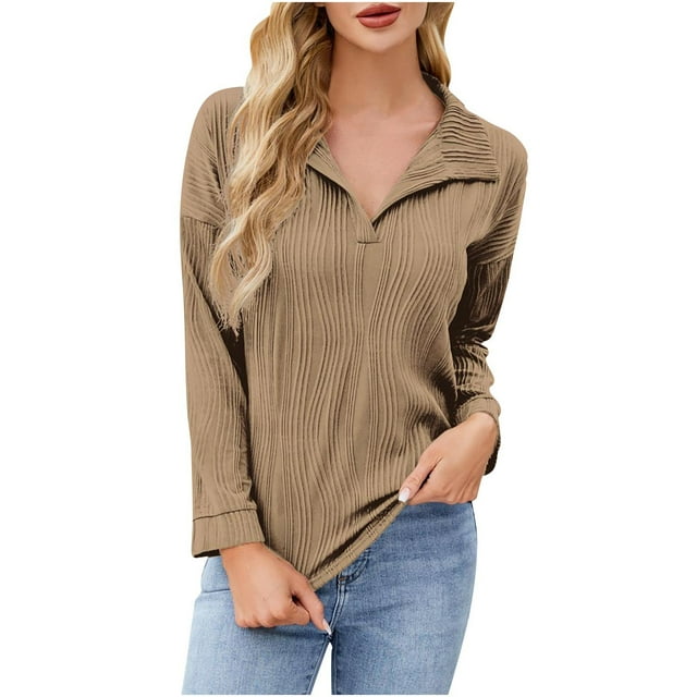 Timegard Womens Tops Lapel V Neck Long Sleeve Tunic Tops Dressy Casual Solid Color Comfy Texture Tops