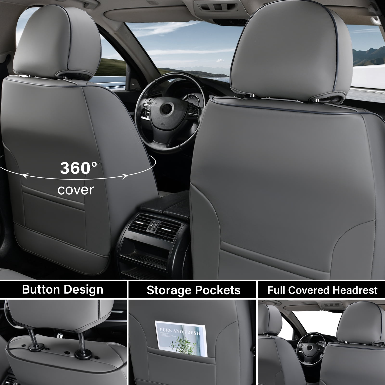 Coverado Waterproof Seat Covers For Cars, High-grade Leather Front Seat Protectors with Lumbar Support, Auto Cushions Universal Fit for Most Cars SUV Trucks, Gray