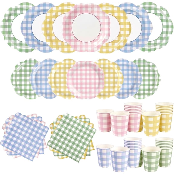 200Pcs Gingham Plates and Napkins Party Supplies,Scalloped Checkered Disposable Paper Plates Set with Napkins Cups for Birthday Wedding Baby Shower Spring Party Supplies-In 4 Colors