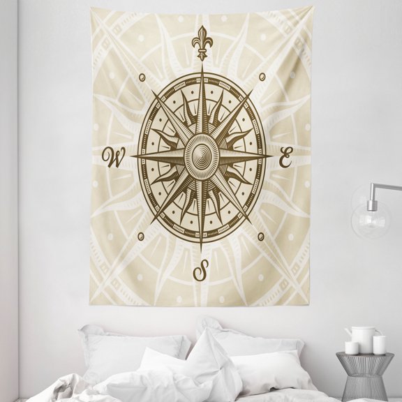 Compass Tapestry, Sun Motif Backdrop with Windrose Directions East West North South Navigation, Wall Hanging for Bedroom Living Room Dorm Decor, 60W X 80L Inches, Olive Green Beige, by Ambesonne