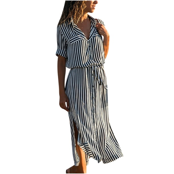 Vestido Camisero de Gasa Con Botones de Encaje de Cintura Alta Y Manga Larga Con Cuello en V A Rayas Para Mujer Odeerbi ODB116933