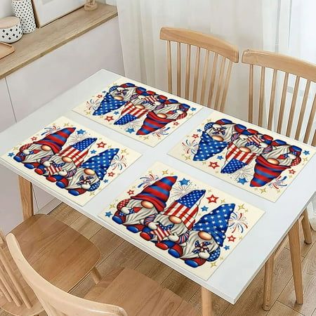 

4th of July Placemats Set of 4 America Flag Stars Stripe 16.5x12.6 Inch Burlap Table Mats Patriotic Memorial Day Independence Day Seasonal Holiday Kitchen Dining Home Party Table Decoration