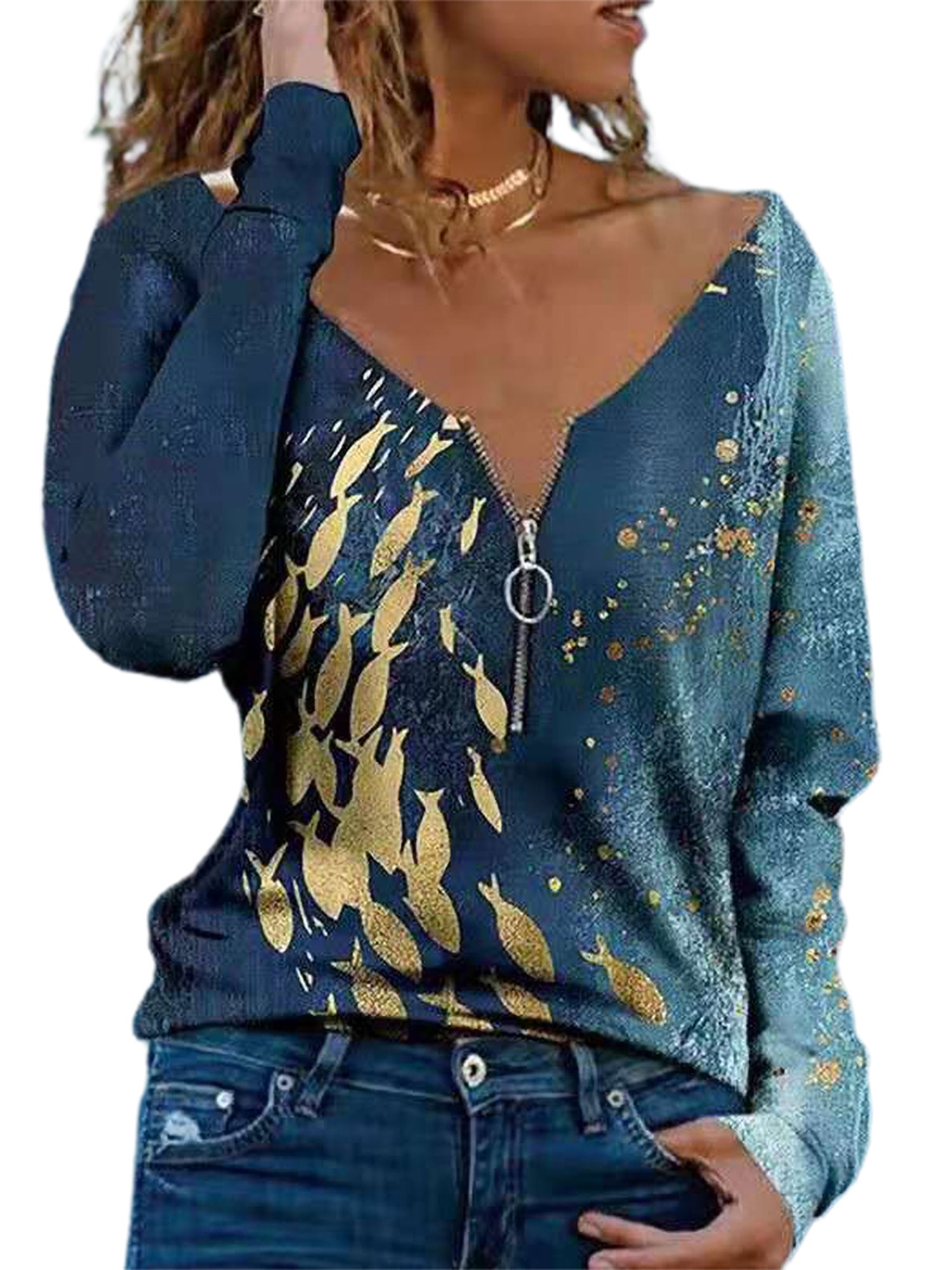 Womens Floral Long Sleeve T-Shirt Tunic Tops Ladies Casual V Neck Blouse Tee Top